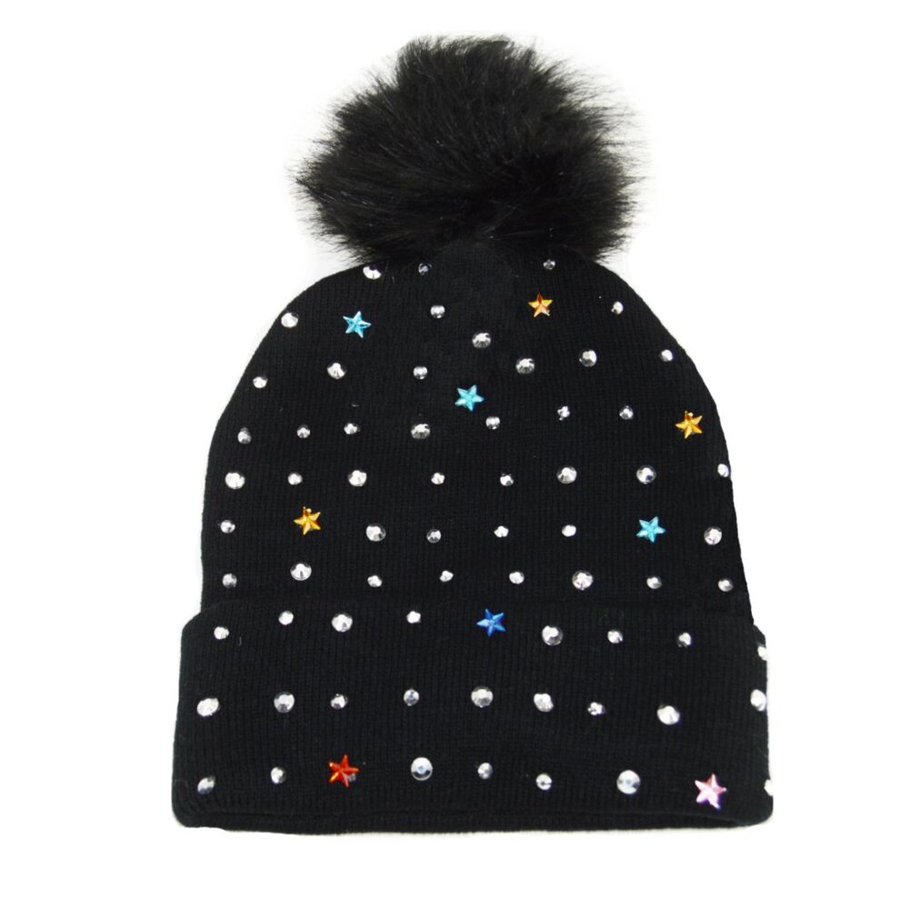 NWT Youth Girls Studded Stars Pom Pom Winter Hat